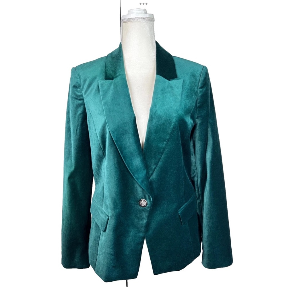 White House Black Market Green Velvet Blazer One Button Crest Jacket Size 14 NEW